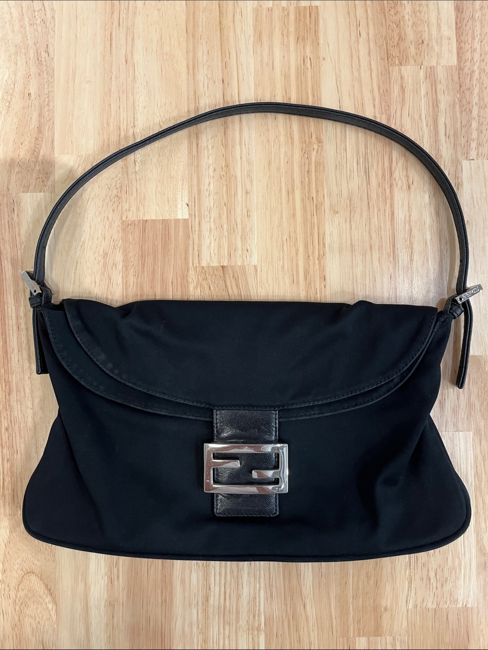 Fendi Black Shoulder Baguette with Silver FF Buckle